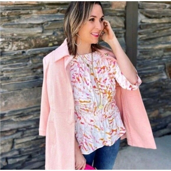 Cabi Size Small 'Drop-Off' Multicolor Terracotta Pink Printed Smocked Blouse Top - Picture 1 of 8